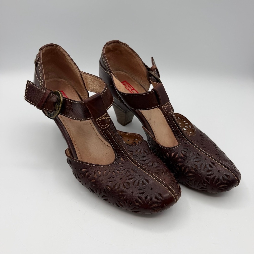 Pikolinos Womens 37 Brown Leather T Strap Heels Cutout Mary Jane Shoes